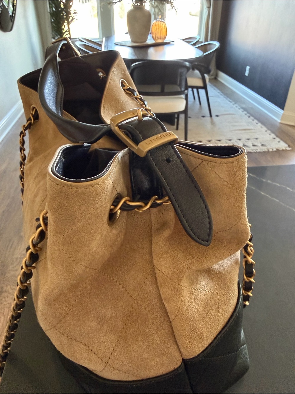 Chanel Two-Tone Suede & Leather Shoulder Bag in Beige and Black - Picture 9 of 16